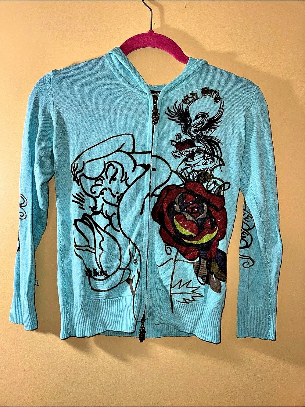 Ed Hardy Graphic Zip Cardigan in Blue Like New